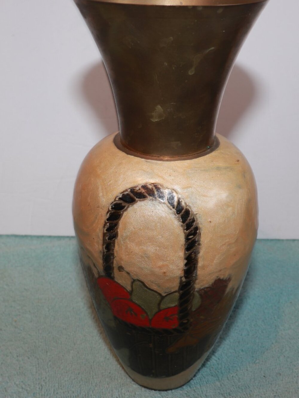 Vintage Enamel on Brass Vase Fruit Basket Design Hand Made.